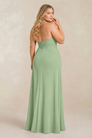 Matcha High Neck Chiffon Sheath Ruched Bridesmaid Dress (2) [sizeplus] | KISSBRIDAL