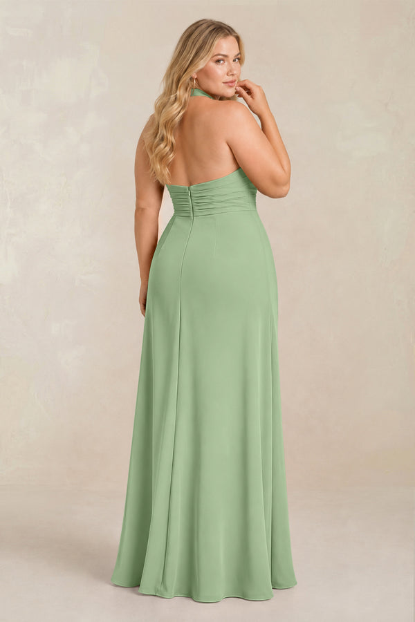 Matcha High Neck Chiffon Sheath Ruched Bridesmaid Dress (2) [sizeplus] | KISSBRIDAL