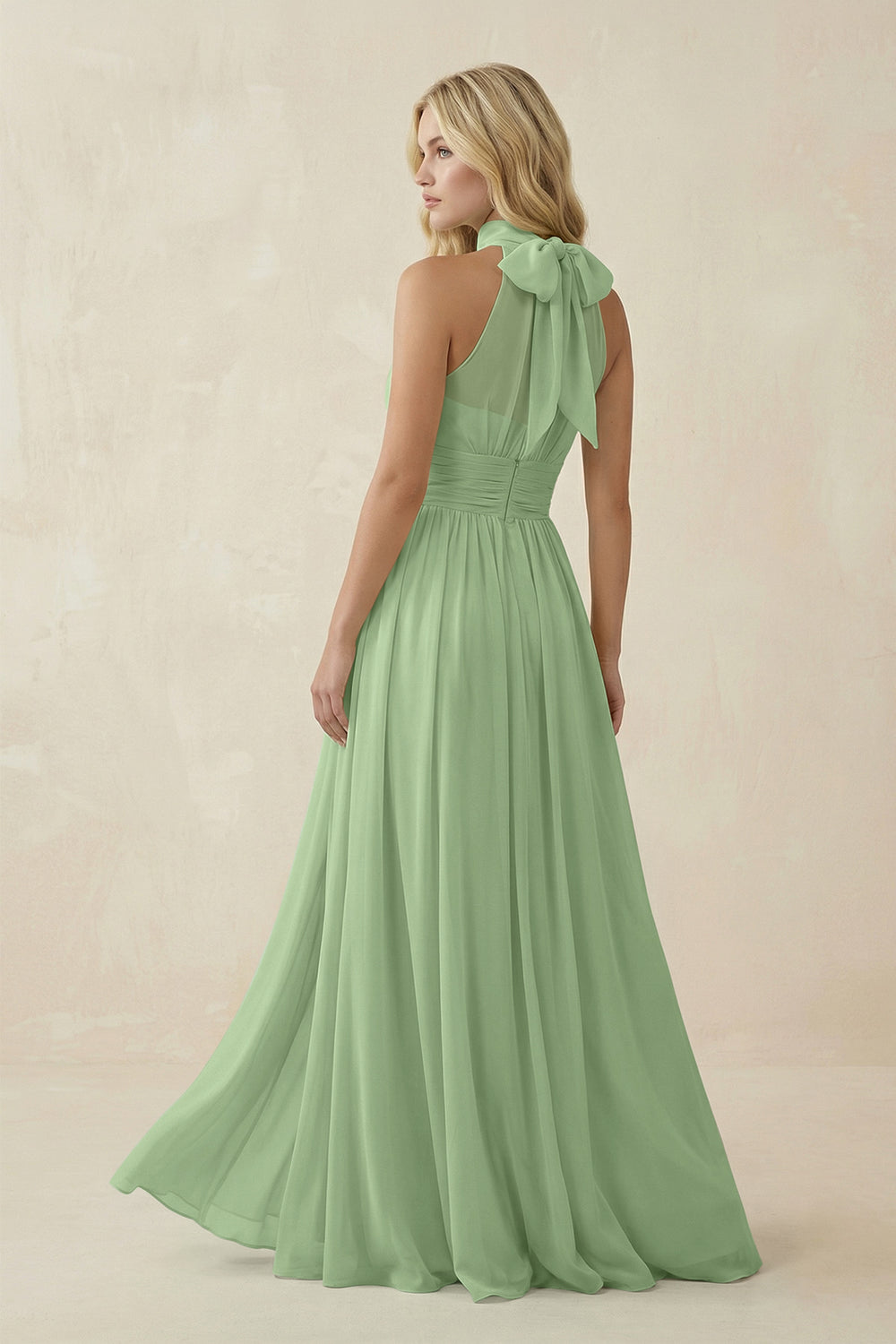 Illusion Halter A-Line Chiffon Bridesmaid Gown in Matcha