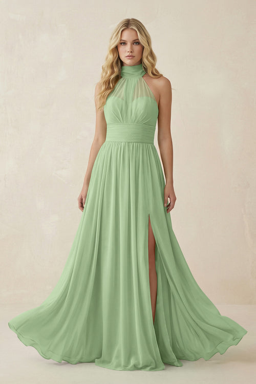 Matcha Illusion Halter A-Line Chiffon Bridesmaid Gown | KISSBRIDAL