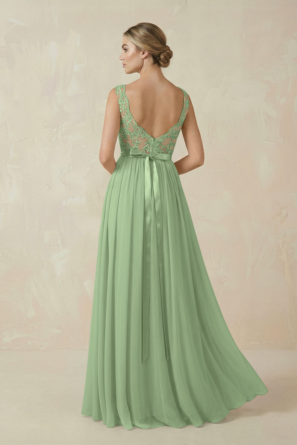 Lace A-Line Bateau Neck Chiffon Long Bridesmaid Dress in Matcha