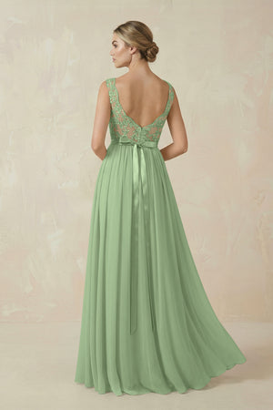 Matcha Lace A-Line Bateau Neck Chiffon Long Bridesmaid Dress (2) | KISSBRIDAL