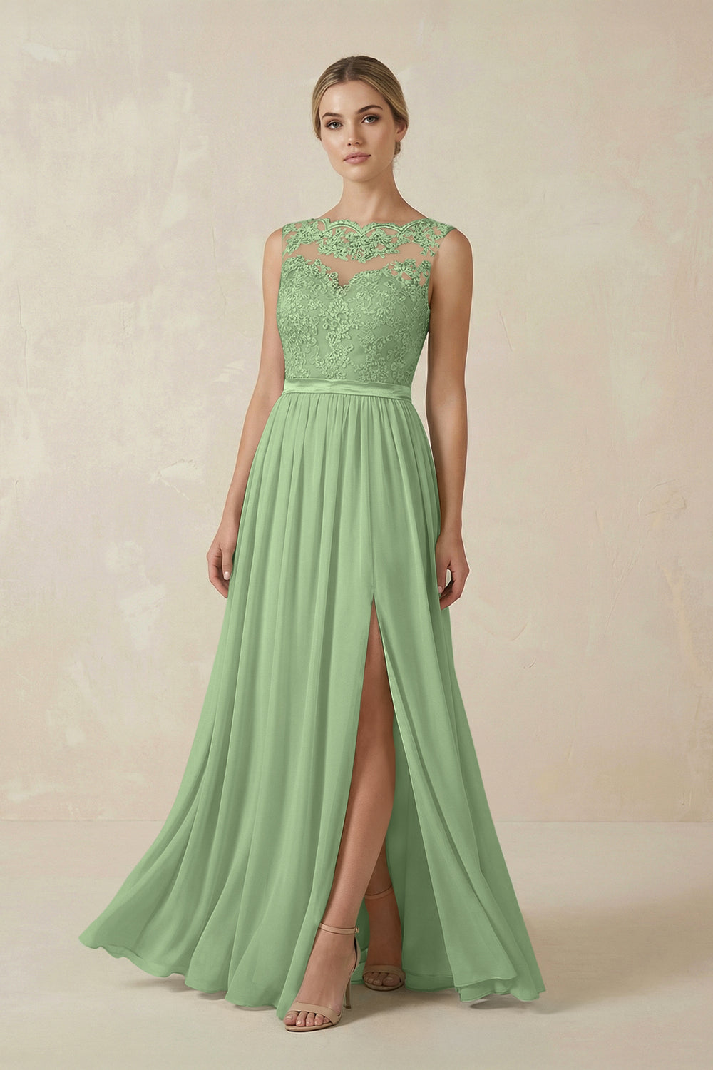 Lace A-Line Bateau Neck Chiffon Long Bridesmaid Dress in Matcha