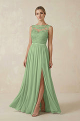 Matcha Lace A-Line Bateau Neck Chiffon Long Bridesmaid Dress | KISSBRIDAL