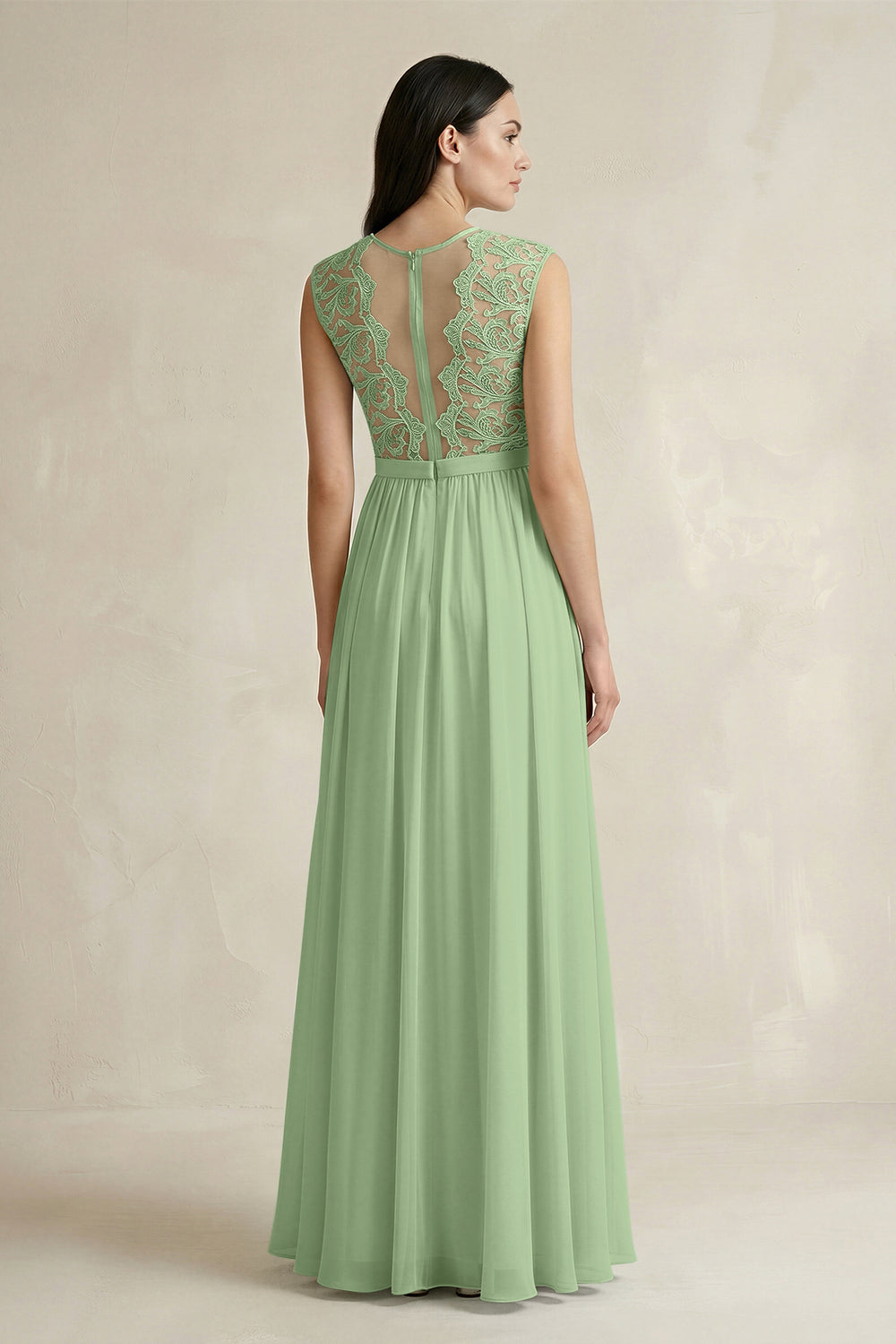 Lace Chiffon A-Line Round Neck Bridesmaid Dress in Matcha