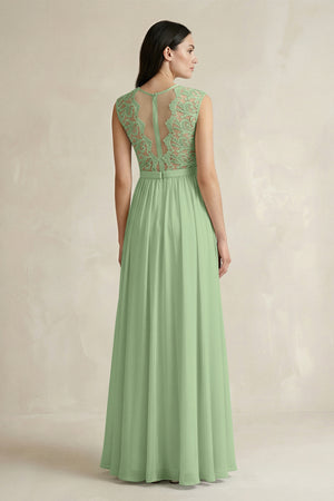 Matcha Lace Chiffon A-Line Round Neck Bridesmaid Dress (2) | KISSBRIDAL