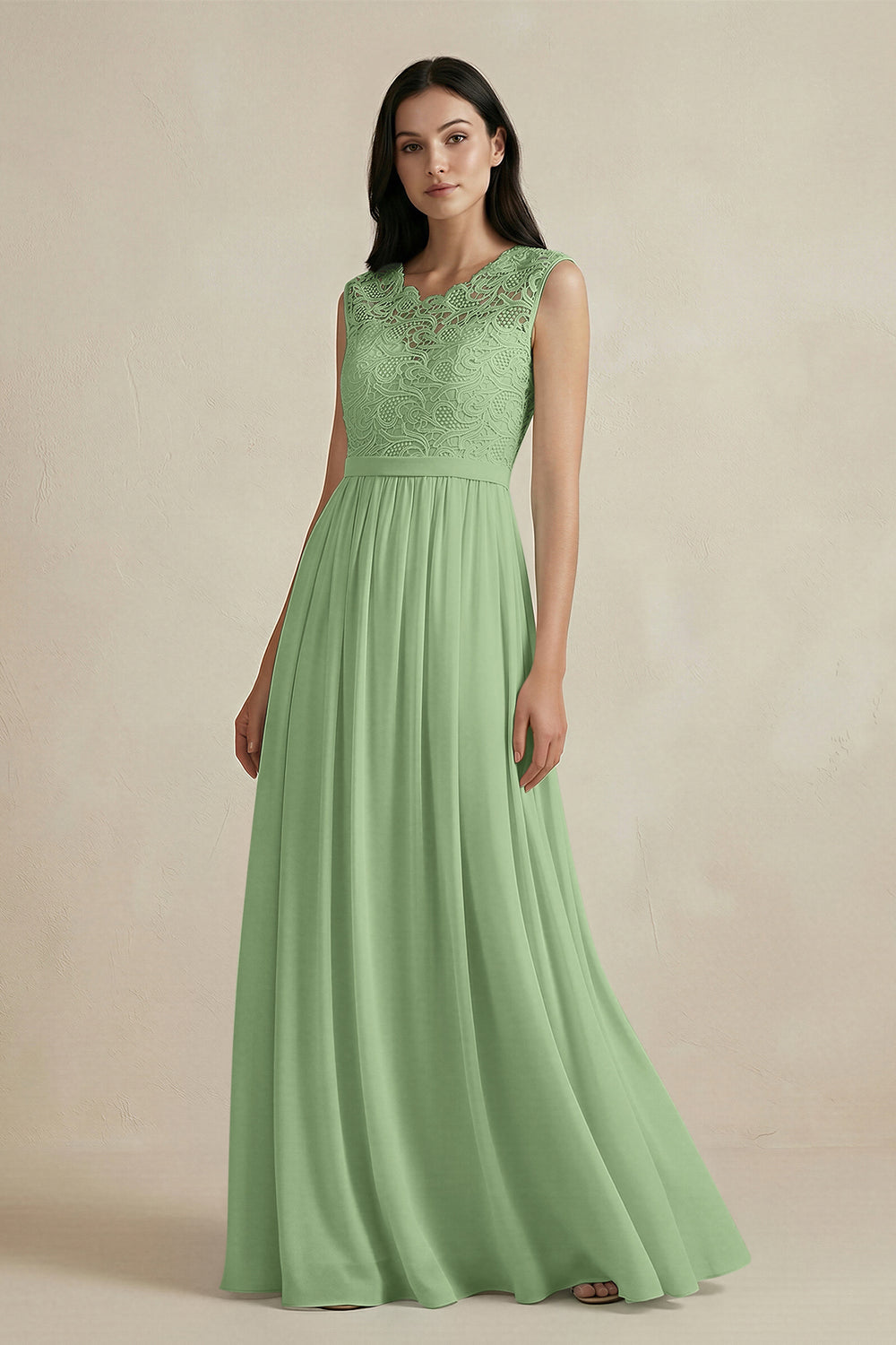 Lace Chiffon A-Line Round Neck Bridesmaid Dress in Matcha