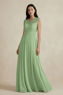 Matcha Lace Chiffon A-Line Round Neck Bridesmaid Dress | KISSBRIDAL