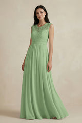 Matcha Lace Chiffon A-Line Round Neck Bridesmaid Dress | KISSBRIDAL