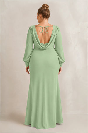 Matcha Long Sleeve V-Neck Sheath Chiffon Bridesmaid Dress (2) [sizeplus] | KISSBRIDAL