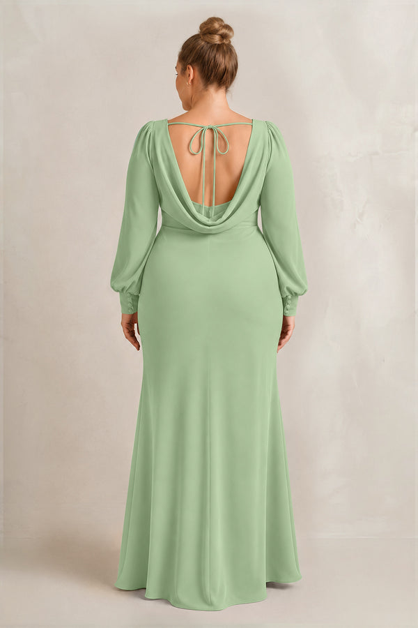 Matcha Long Sleeve V-Neck Sheath Chiffon Bridesmaid Dress (2) [sizeplus] | KISSBRIDAL