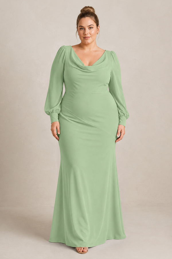 Matcha Long Sleeve V-Neck Sheath Chiffon Bridesmaid Dress [sizeplus] | KISSBRIDAL