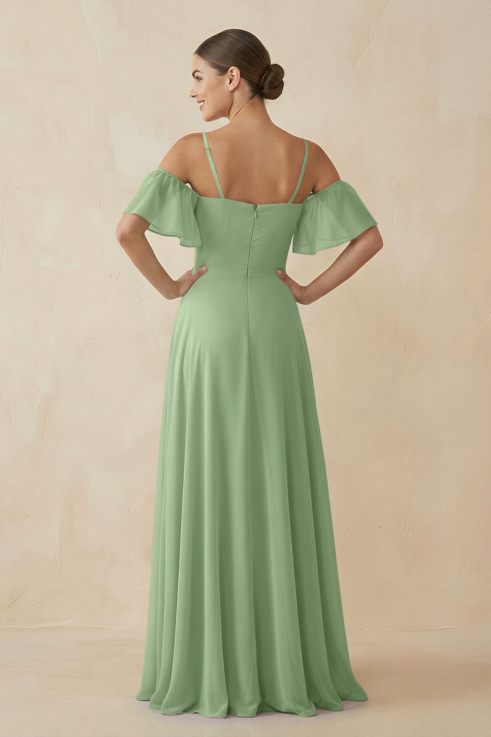 Off-the-Shoulder A-Line Chiffon Bridesmaid Dress in Matcha