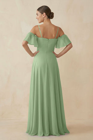 Matcha Off-the-Shoulder A-Line Chiffon Bridesmaid Dress (2) | KISSBRIDAL