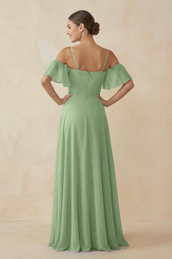 Matcha Off-the-Shoulder A-Line Chiffon Bridesmaid Dress (2) | KISSBRIDAL