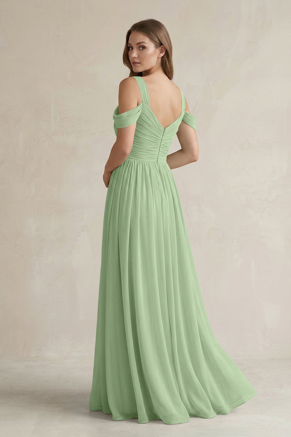 Off-the-Shoulder A-Line Chiffon Bridesmaid Dress With Slit in Matcha