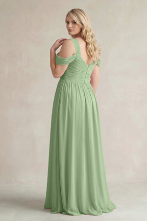 Matcha Off-the-Shoulder A-Line Chiffon Bridesmaid Dress With Slit (2) | KISSBRIDAL