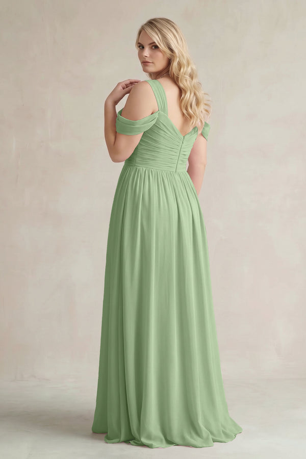 Matcha Off-the-Shoulder A-Line Chiffon Bridesmaid Dress With Slit (2) | KISSBRIDAL