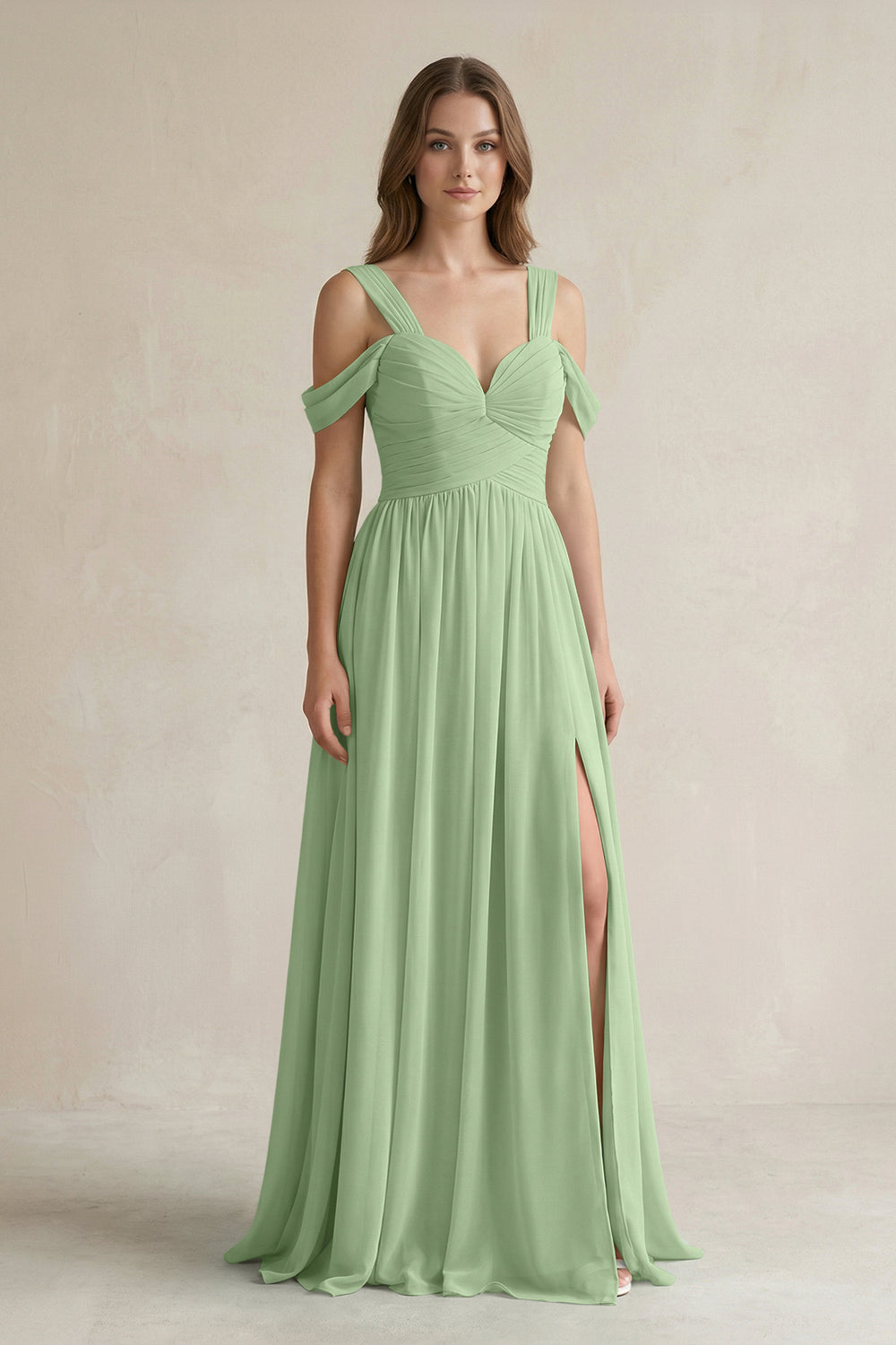 Off-the-Shoulder A-Line Chiffon Bridesmaid Dress With Slit in Matcha