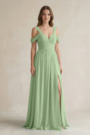Matcha Off-the-Shoulder A-Line Chiffon Bridesmaid Dress With Slit | KISSBRIDAL
