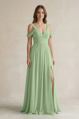 Matcha Off-the-Shoulder A-Line Chiffon Bridesmaid Dress With Slit | KISSBRIDAL