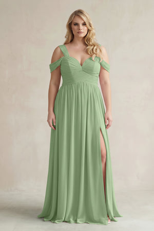 Matcha Off-the-Shoulder A-Line Chiffon Bridesmaid Dress With Slit | KISSBRIDAL