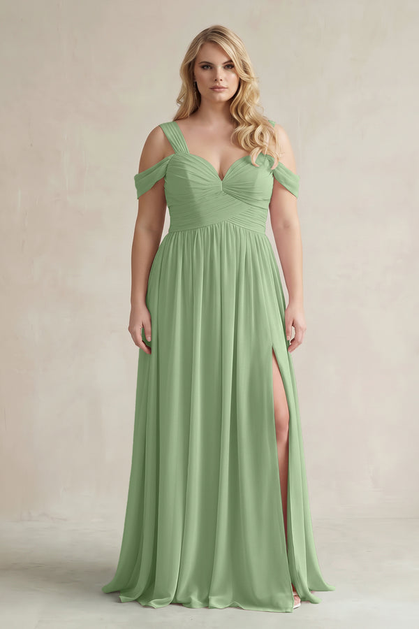 Matcha Off-the-Shoulder A-Line Chiffon Bridesmaid Dress With Slit | KISSBRIDAL
