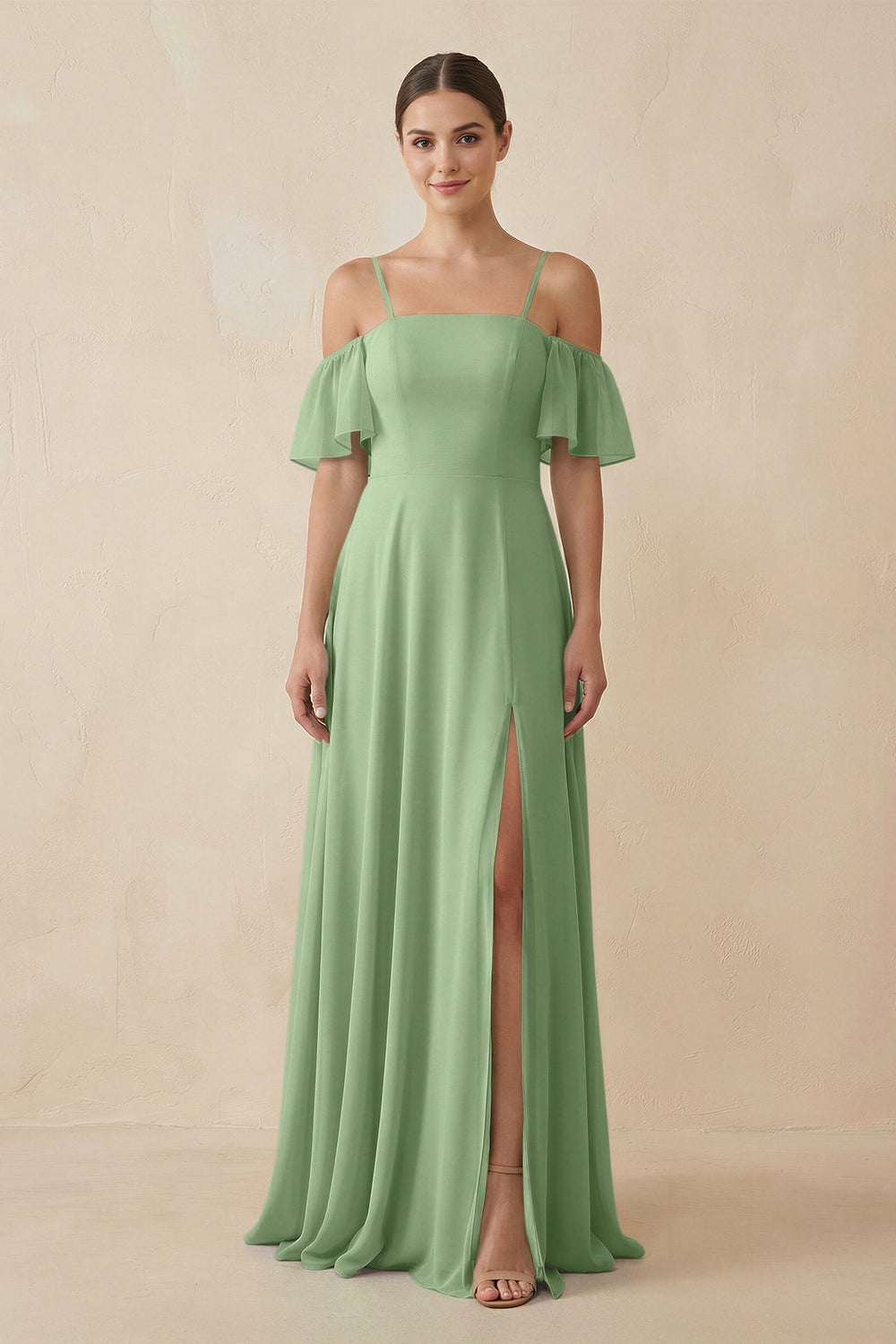 Off-the-Shoulder A-Line Chiffon Bridesmaid Dress in Matcha