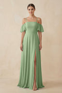 Matcha Off-the-Shoulder A-Line Chiffon Bridesmaid Dress | KISSBRIDAL
