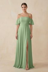 Matcha Off-the-Shoulder A-Line Chiffon Bridesmaid Dress | KISSBRIDAL
