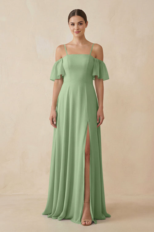 Matcha Off-the-Shoulder A-Line Chiffon Bridesmaid Dress | KISSBRIDAL