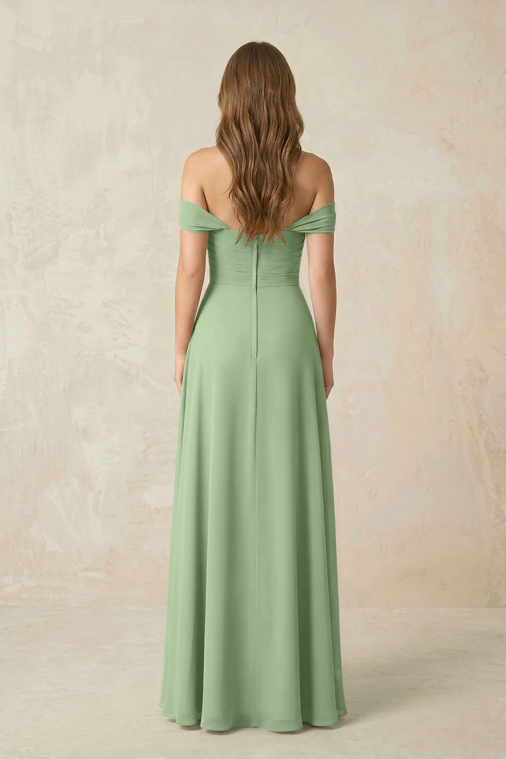 Off-the-Shoulder A-Line Chiffon Pleated Bridesmaid Dress in Matcha