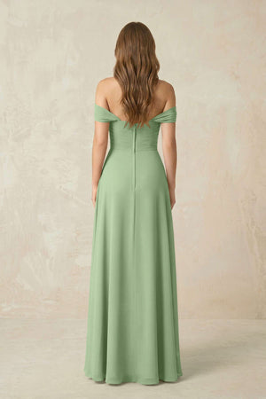 Matcha Off-the-Shoulder A-Line Chiffon Pleated Bridesmaid Dress (2) | KISSBRIDAL