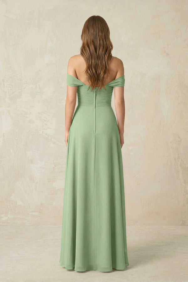 Matcha Off-the-Shoulder A-Line Chiffon Pleated Bridesmaid Dress (2) | KISSBRIDAL