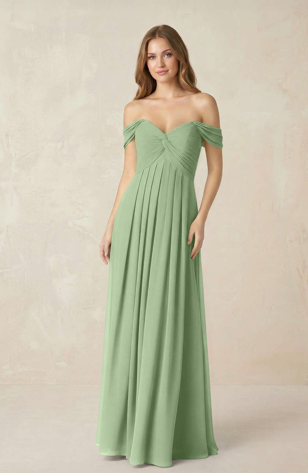Off-the-Shoulder A-Line Chiffon Pleated Bridesmaid Dress in Matcha