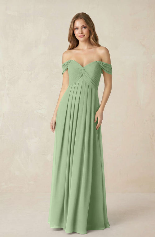 Matcha Off-the-Shoulder A-Line Chiffon Pleated Bridesmaid Dress | KISSBRIDAL