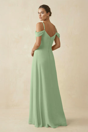 Matcha Off-the-Shoulder A-Line Pleated Chiffon Bridesmaid Gown (2) | KISSBRIDAL