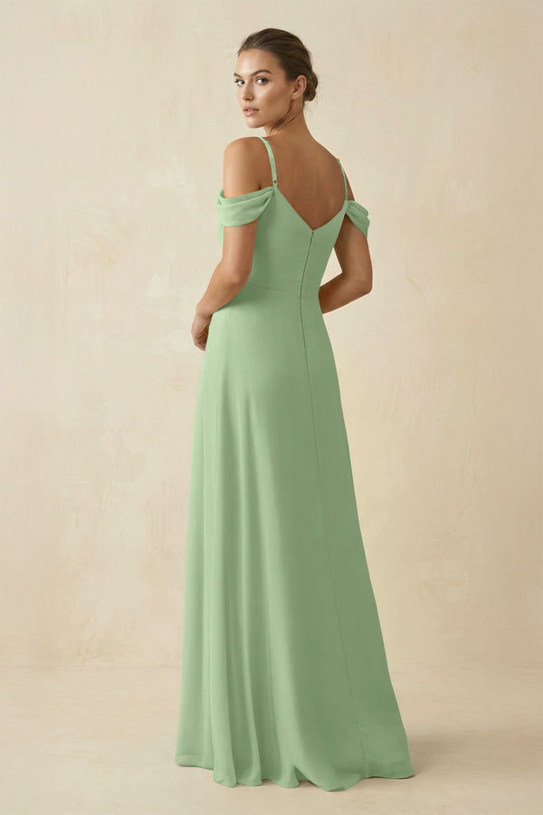 Matcha Off-the-Shoulder A-Line Pleated Chiffon Bridesmaid Gown (2) | KISSBRIDAL