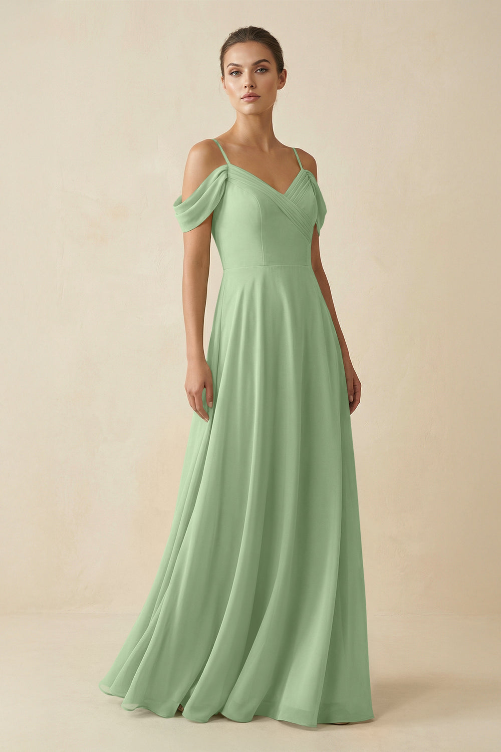 Off-the-Shoulder A-Line Pleated Chiffon Bridesmaid Gown in Matcha