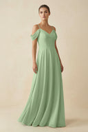 Matcha Off-the-Shoulder A-Line Pleated Chiffon Bridesmaid Gown | KISSBRIDAL