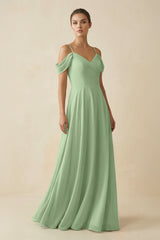 Matcha Off-the-Shoulder A-Line Pleated Chiffon Bridesmaid Gown | KISSBRIDAL