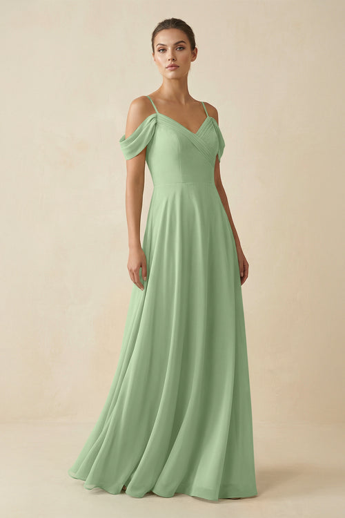 Matcha Off-the-Shoulder A-Line Pleated Chiffon Bridesmaid Gown | KISSBRIDAL