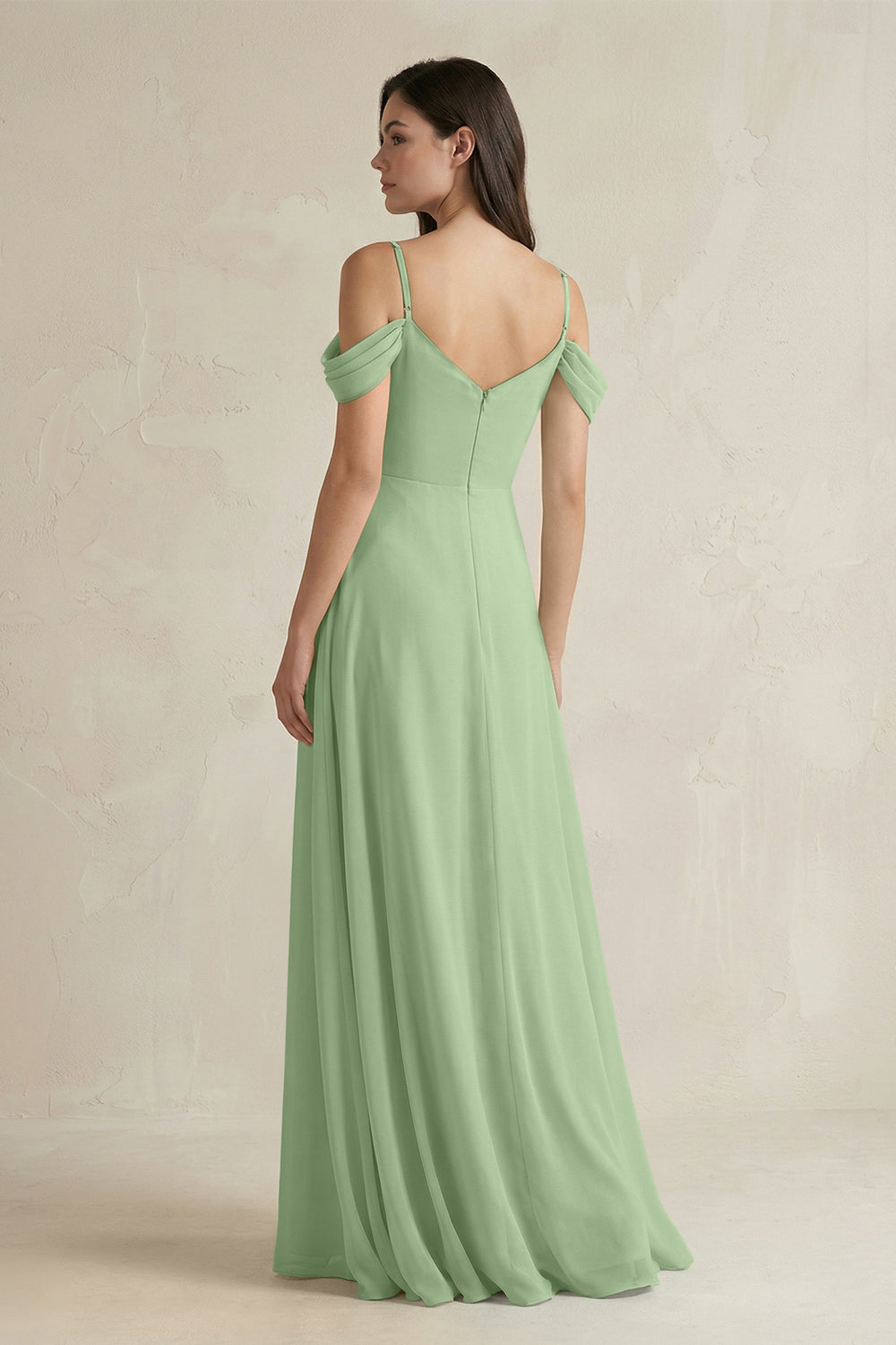 Off-the-Shoulder Chiffon A-Line Bridesmaid Dress in Matcha