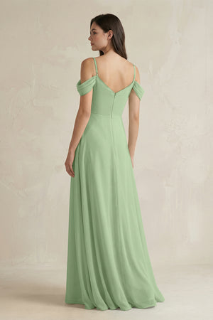 Matcha Off-the-Shoulder Chiffon A-Line Bridesmaid Dress (2) | KISSBRIDAL