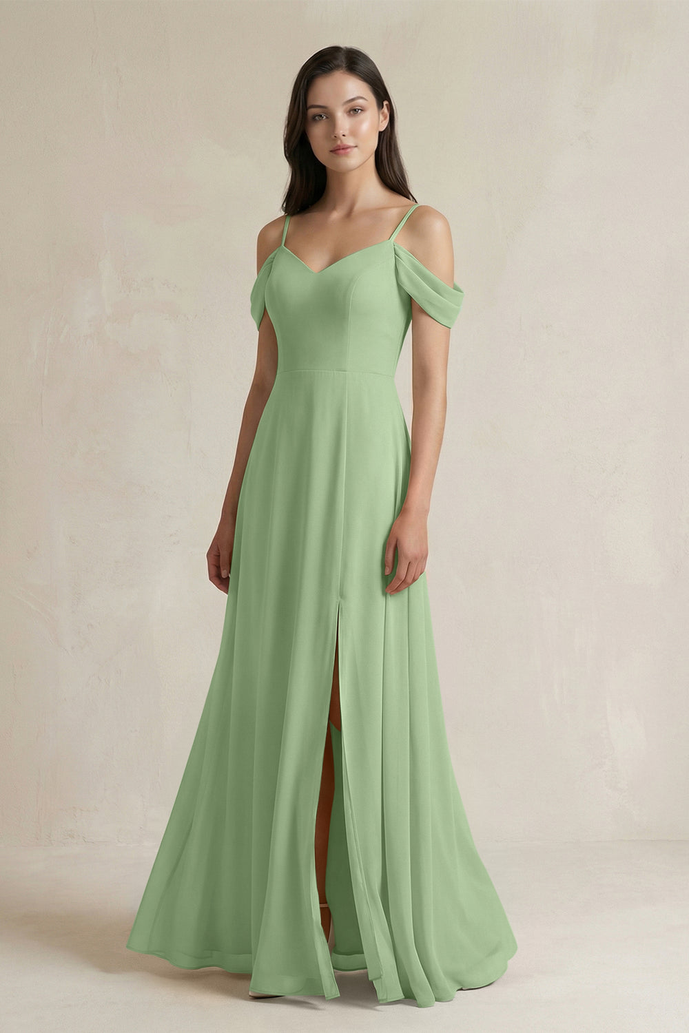 Off-the-Shoulder Chiffon A-Line Bridesmaid Dress in Matcha