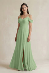 Matcha Off-the-Shoulder Chiffon A-Line Bridesmaid Dress | KISSBRIDAL