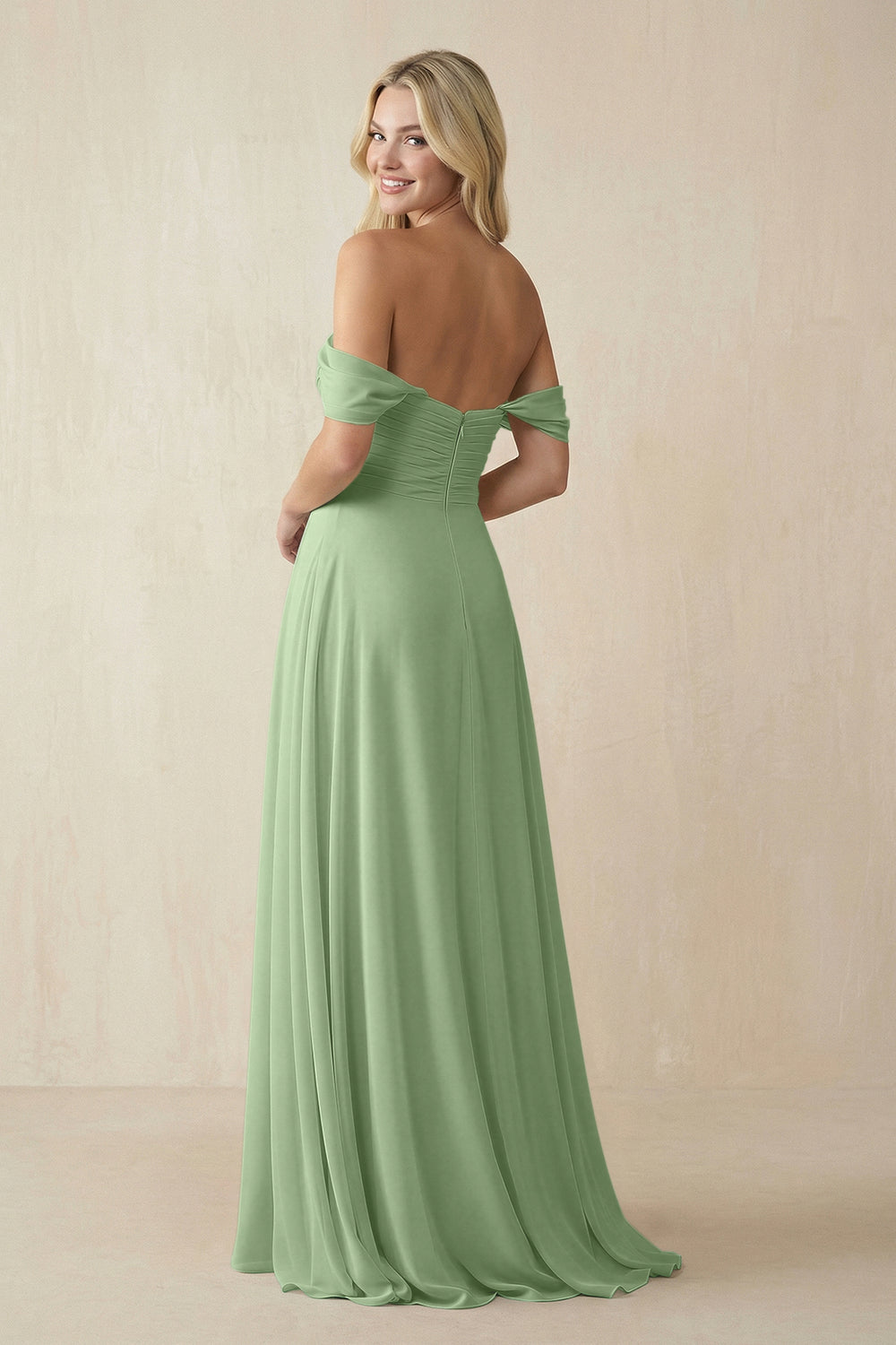 Off-the-Shoulder Chiffon A-Line Long Bridesmaid Dress in Matcha