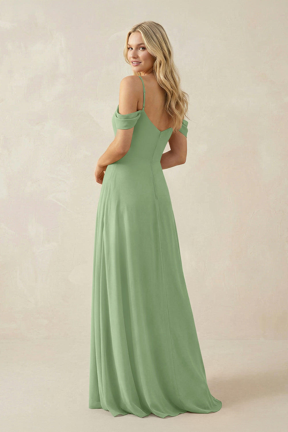 Off-the-Shoulder Chiffon A-Line Maxi Bridesmaid Dress in Matcha