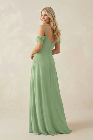 Matcha Off-the-Shoulder Chiffon A-Line Maxi Bridesmaid Dress (2) | KISSBRIDAL