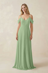Matcha Off-the-Shoulder Chiffon A-Line Maxi Bridesmaid Dress | KISSBRIDAL